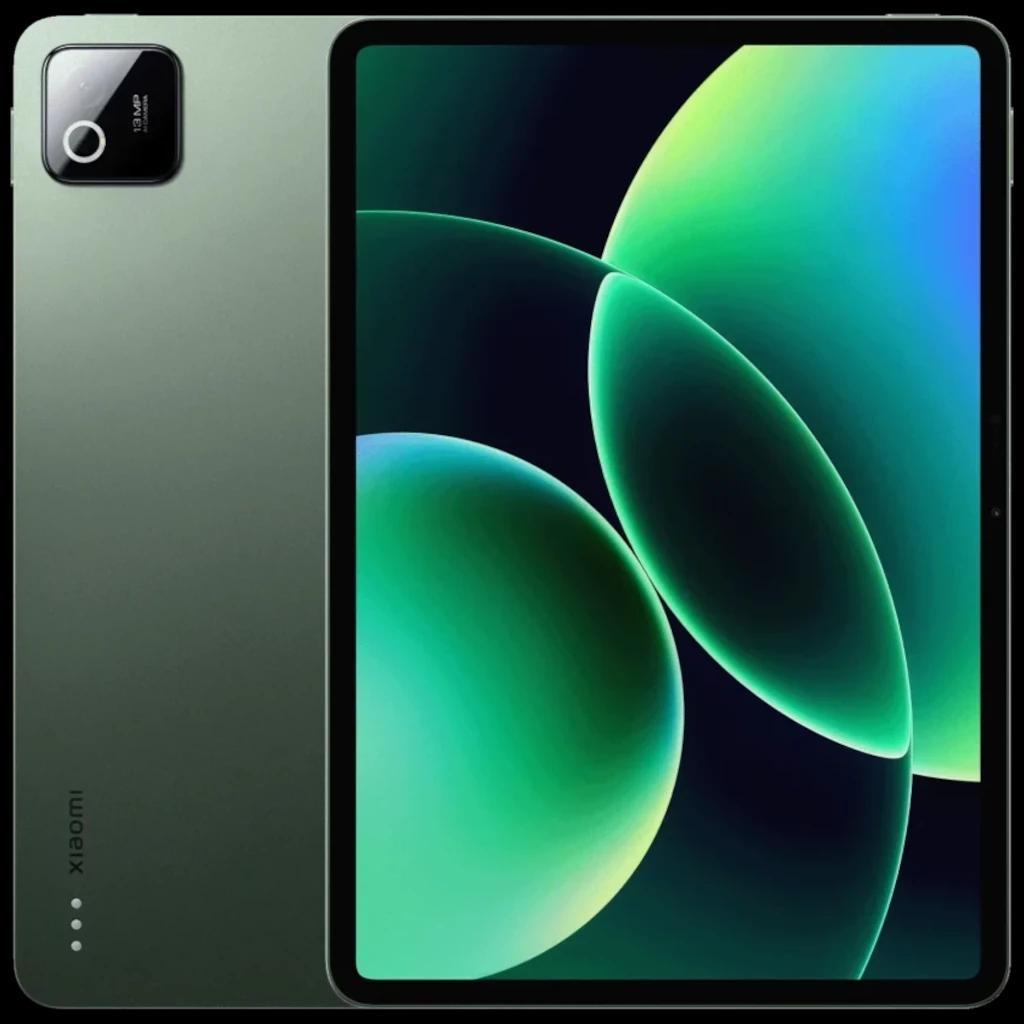 Xiaomi Pad 8 verde con pantalla casi sin bordes, cámara trasera cuadrada con flash, cuerpo metálico en tono mate y botón de encendido lateral