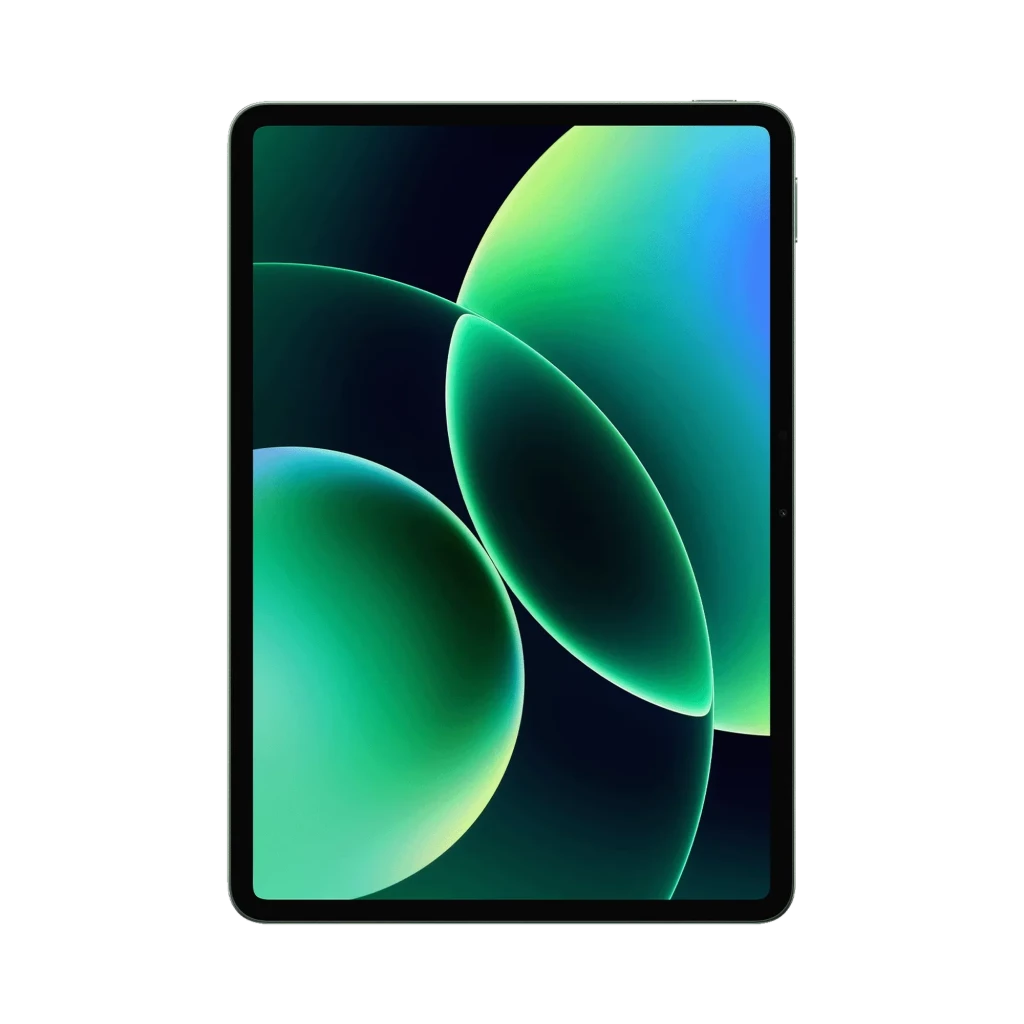 Tablet Xiaomi Pad 8 verde con pantalla amplia de bordes delgados, tonos verdes y negros en el display, cuerpo delgado y marco negro uniforme