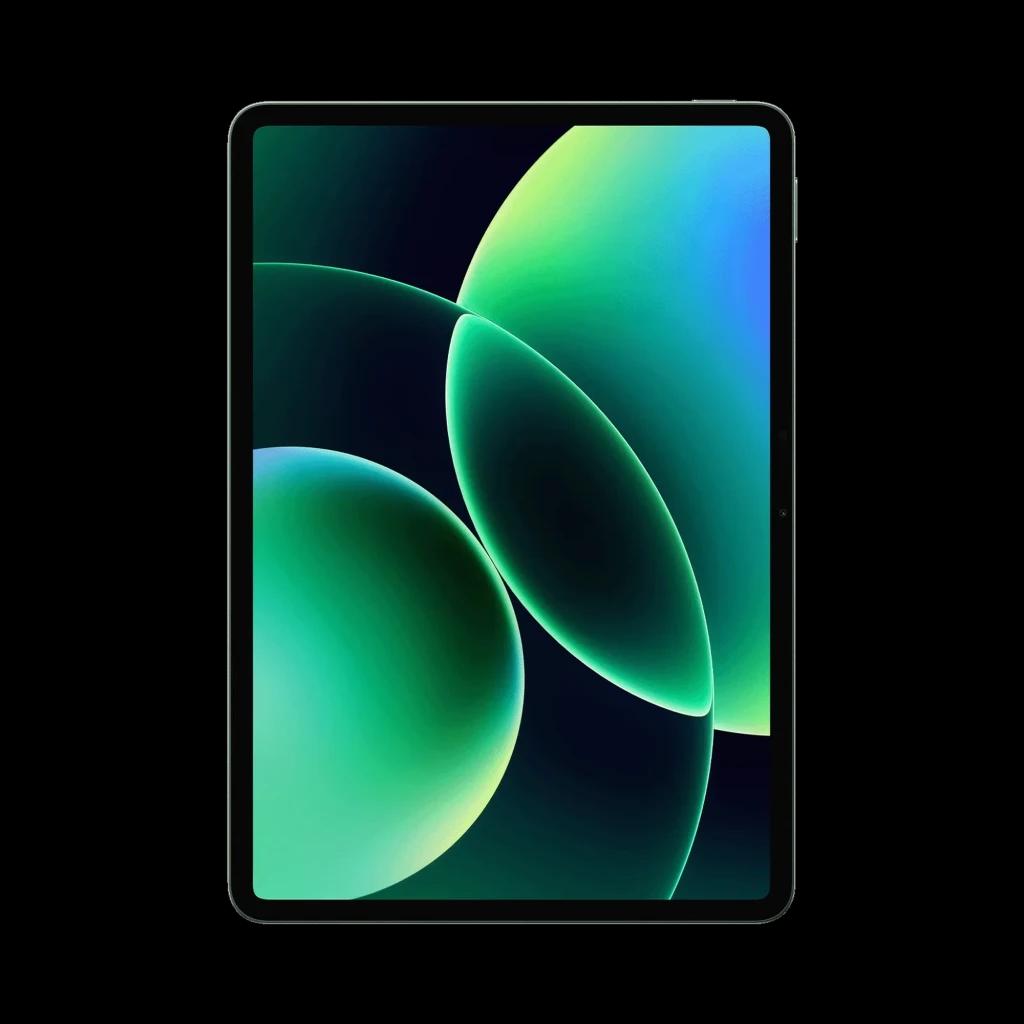 Tablet Xiaomi Pad 8 verde con pantalla amplia de bordes delgados, tonos verdes y negros en el display, cuerpo delgado y marco negro uniforme