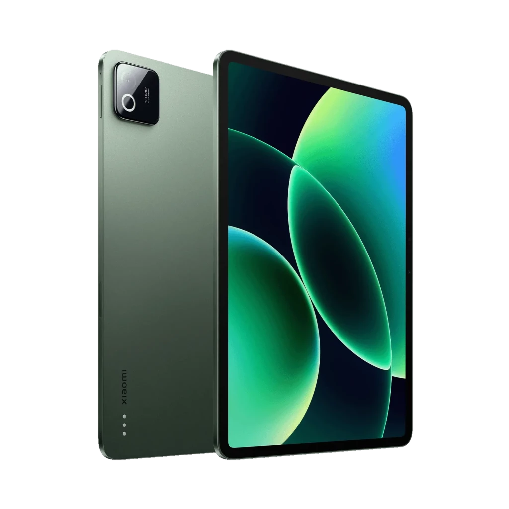 Xiaomi Pad 8 verde con cuerpo metálico, pantalla amplia de bordes finos y módulo de cámara trasera cuadrado con flash; diseño delgado y moderno