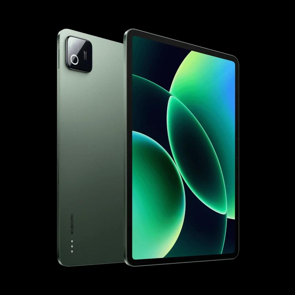 Xiaomi Pad 8 verde con cuerpo metálico, pantalla amplia de bordes finos y módulo de cámara trasera cuadrado con flash; diseño delgado y moderno