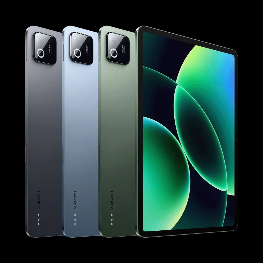 Xiaomi Pad 8 verde con pantalla amplia de bordes finos, módulo de cámara trasera cuadrado y acabado metálico; diseño delgado en tonos gris, azul y verde