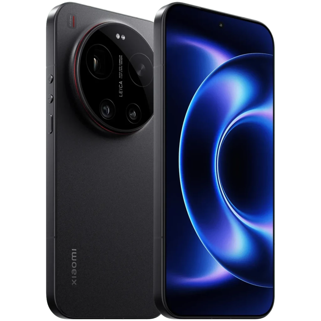 Xiaomi 17 Ultra negro, cuerpo mate, gran módulo de cámara circular Leica, triple lente prominente, pantalla curva con brillo azul y bordes delgados