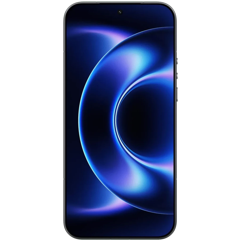 Xiaomi 17 Ultra negro con pantalla frontal amplia sin marcos, borde curvo sutil y cámara frontal en orificio central, fondo azul con efecto luminoso