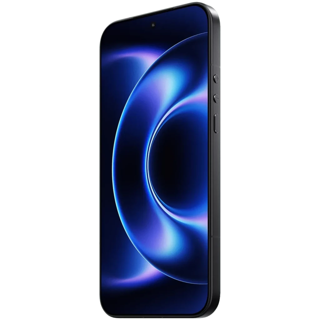 Xiaomi 17 Ultra negro con pantalla sin bordes y bordes curvos, marco metálico delgado, botones laterales y cámara frontal en agujero centrado