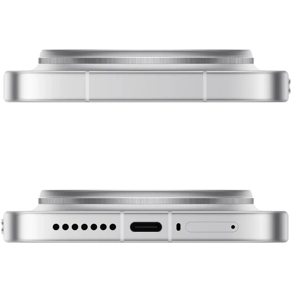 Xiaomi 17 Ultra blanco con módulo de cámara prominente, marco metálico, altavoz inferior, USB-C y bandeja SIM; diseño delgado y acabado premium