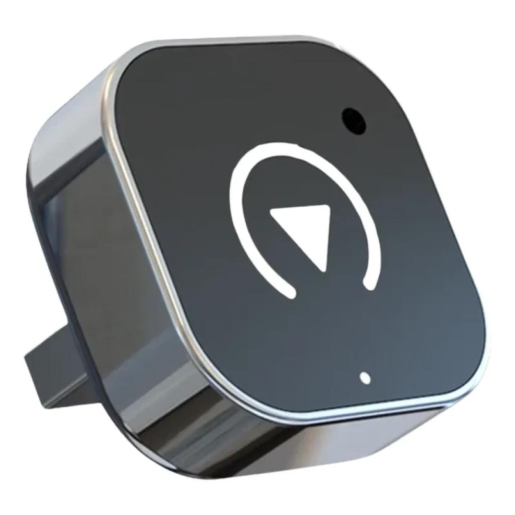 Pionray 2026 Adaptador inalámbrico Carplay y Android Auto, módulo compacto negro con bordes metálicos, icono central blanco y luz LED indicadora