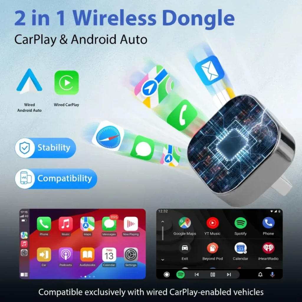 Pionray 2026 Adaptador inalámbrico Carplay y Android Auto, dongle compacto USB con luces LED, enfoque en estabilidad y compatibilidad con autos compatibles
