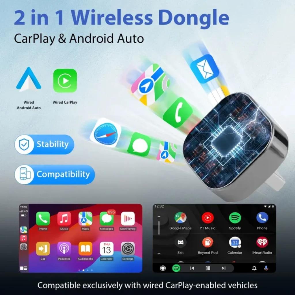 Pionray 2026 Adaptador inalámbrico Carplay y Android Auto, dongle compacto USB con luces LED, enfoque en estabilidad y compatibilidad con autos compatibles