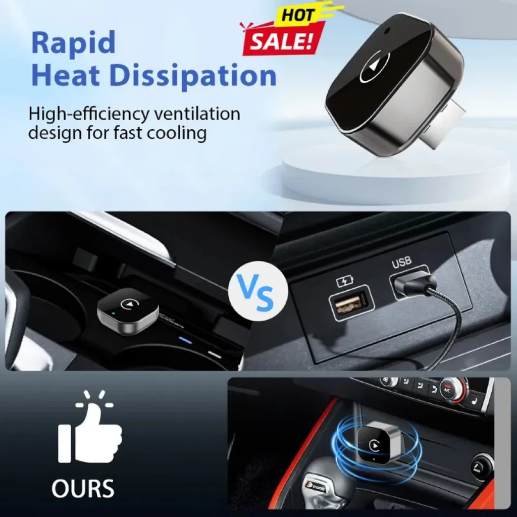 Pionray 2026 Adaptador inalámbrico CarPlay y Android Auto compacto, con ventilación para disipación rápida, puerto USB, luz LED y diseño negro elegante