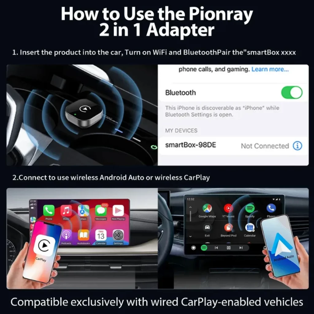 Pionray 2026 Adaptador inalámbrico CarPlay y Android Auto 2 en 1; dongle compacto USB, emparejamiento por WiFi y Bluetooth, compatible con autos con CarPlay