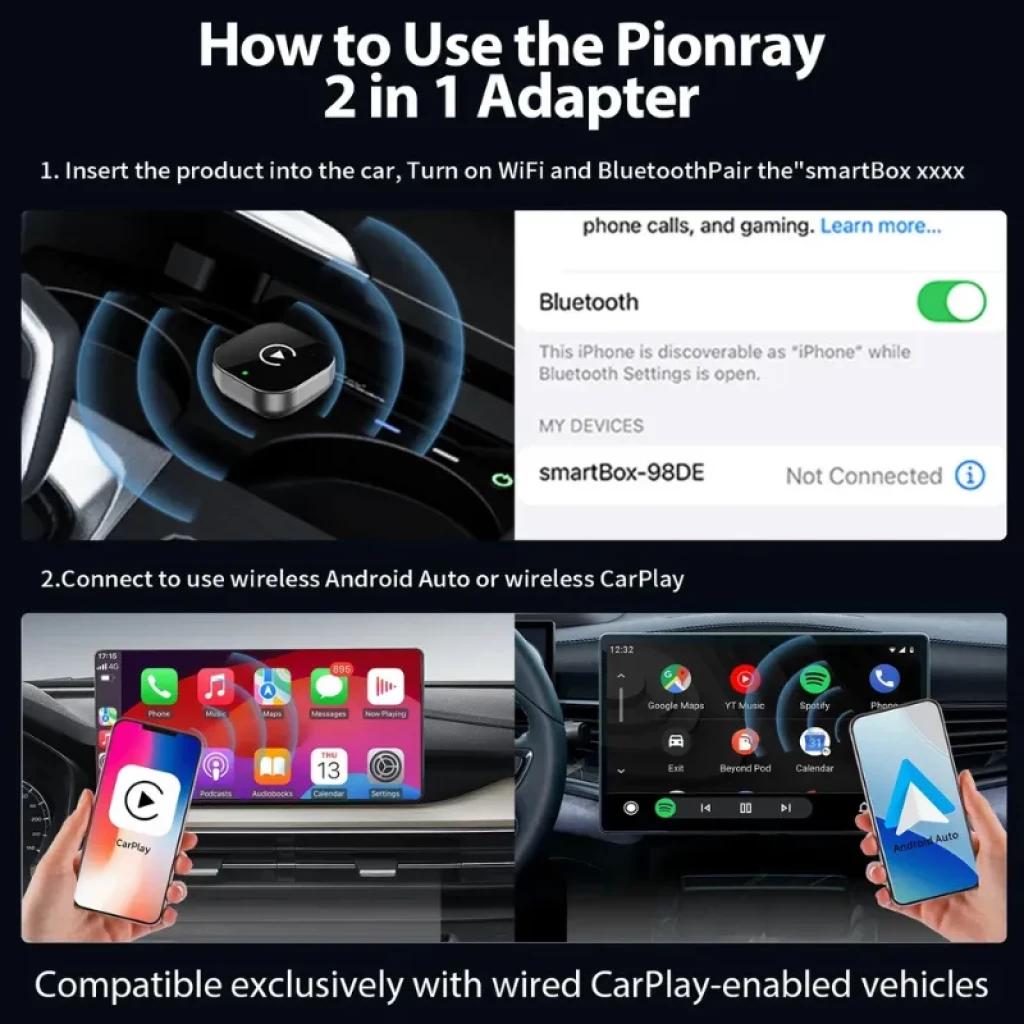 Pionray 2026 Adaptador inalámbrico CarPlay y Android Auto 2 en 1; dongle compacto USB, emparejamiento por WiFi y Bluetooth, compatible con autos con CarPlay