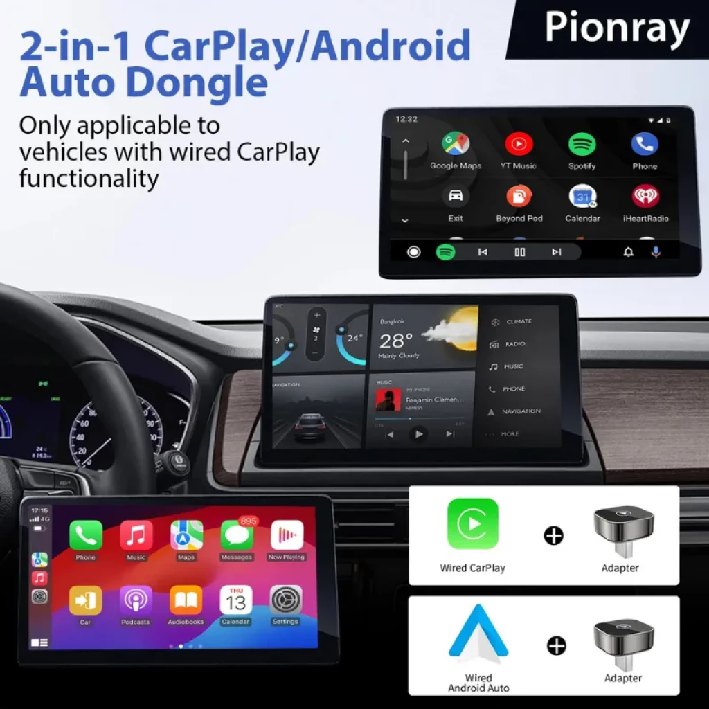 Pionray 2026 Adaptador inalámbrico Carplay y Android Auto, dongle compacto negro con puerto USB, compatible con pantallas de coche con CarPlay con cable