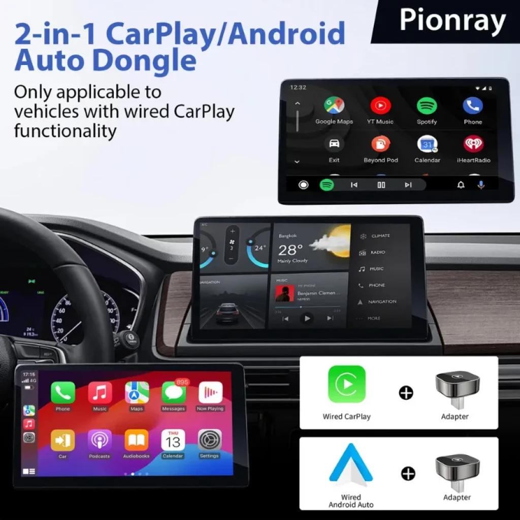 Pionray 2026 Adaptador inalámbrico Carplay y Android Auto, dongle compacto negro con puerto USB, compatible con pantallas de coche con CarPlay con cable