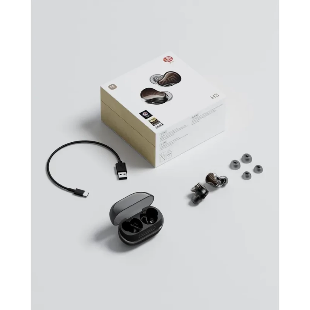 SoundPEATS H3 TWS Titanium Black avec boîtier de charge, embouts de tailles variées et câble USB-C, design noir titane élégant et compact