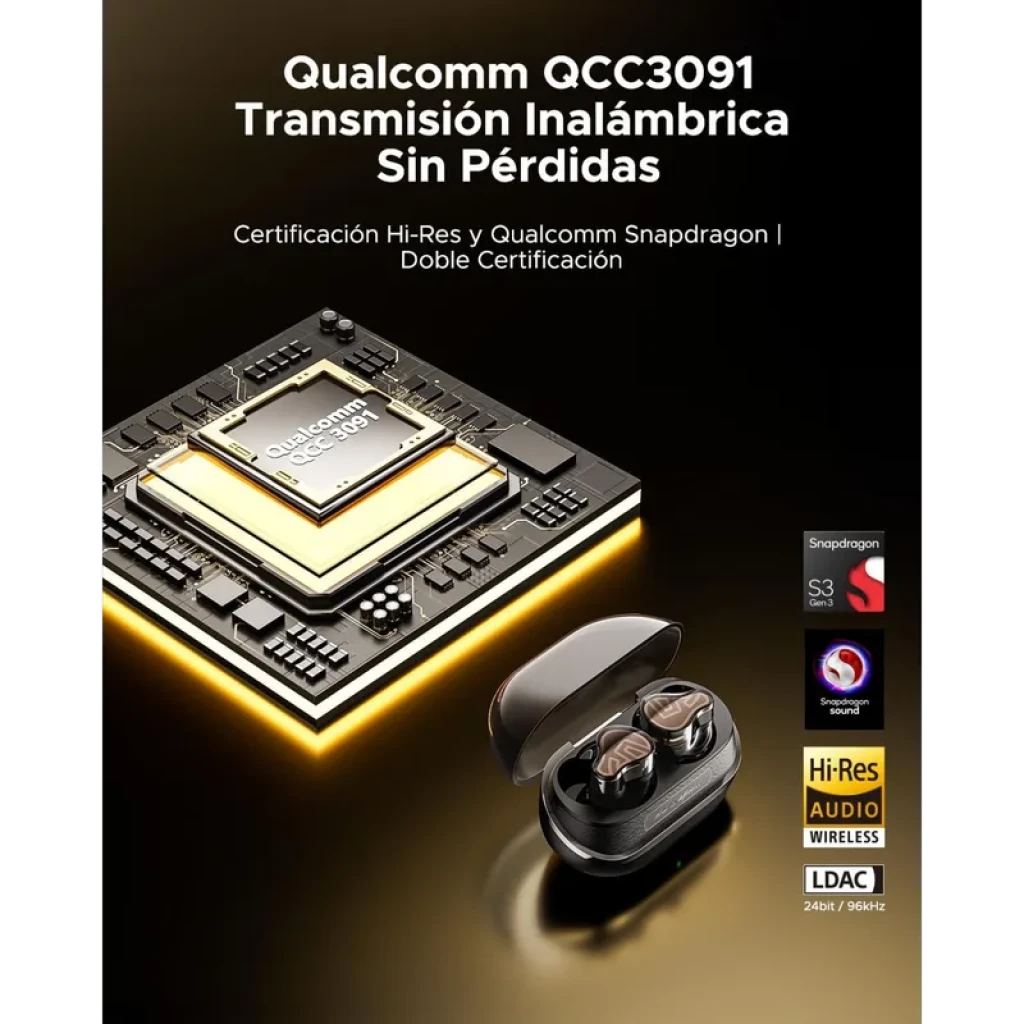 SoundPEATS H3 TWS Titanium Black avec puce Qualcomm QCC3091, boîtier noir brillant, écouteurs intra auriculaires compacts, logo lumineux, accent doré
