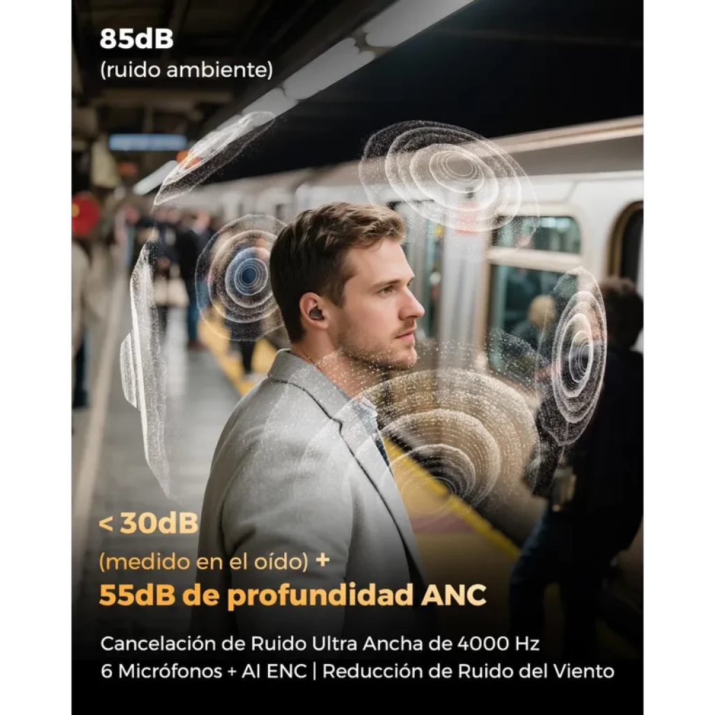 SoundPEATS H3 TWS Titanium Black avec embouts intra-auriculaires, design noir élégant, 6 micros, ANC profond 55 dB, isolation du vent pour appels clairs