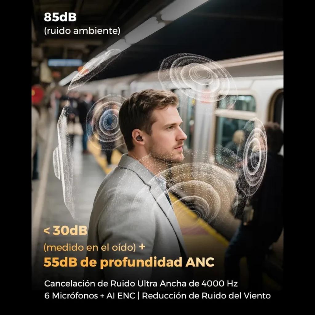 SoundPEATS H3 TWS Titanium Black avec embouts intra-auriculaires, design noir élégant, 6 micros, ANC profond 55 dB, isolation du vent pour appels clairs