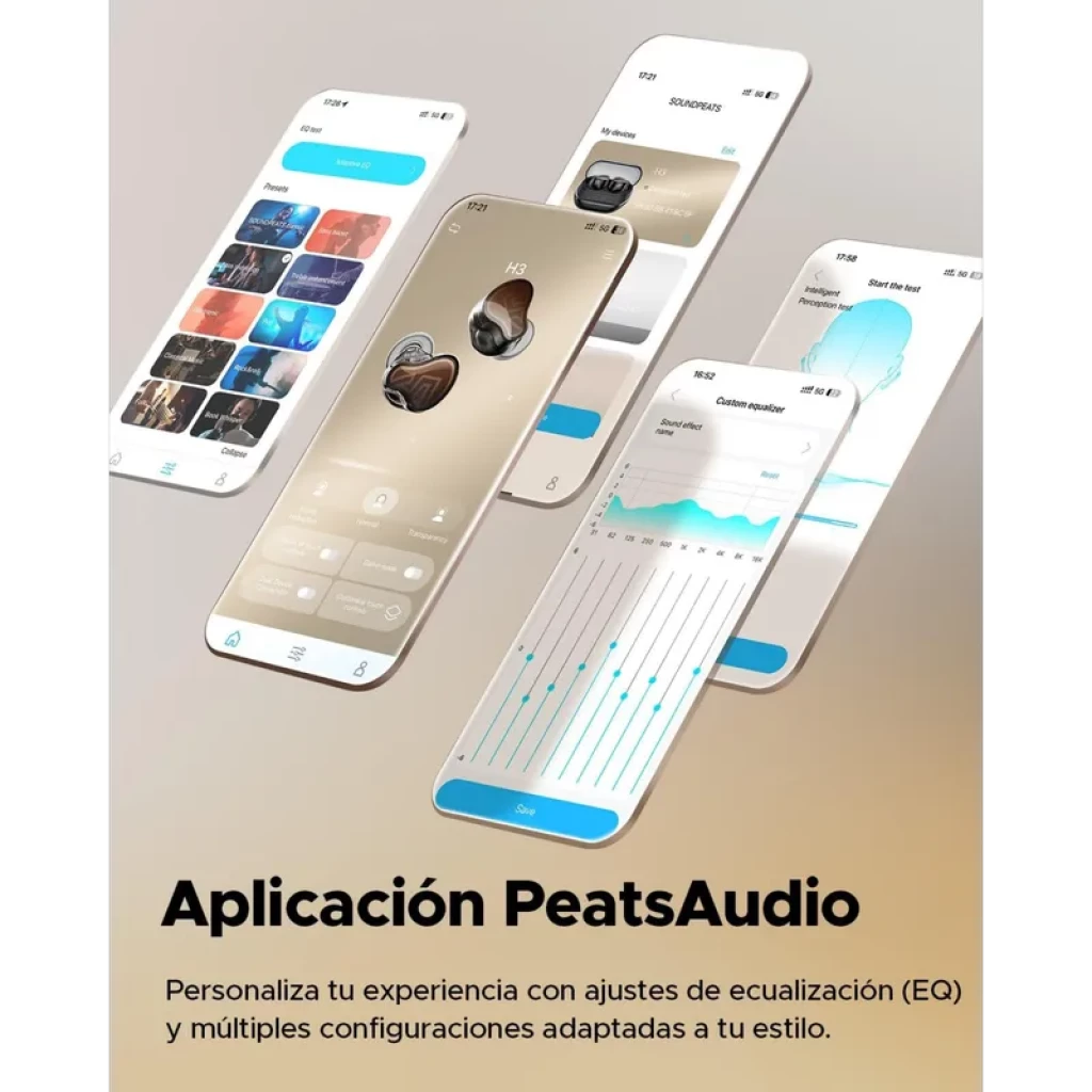 SoundPEATS H3 TWS Titanium Black avec appli PeatsAudio montrant égaliseur, presets et contrôle précis; interface claire sur smartphones modernes