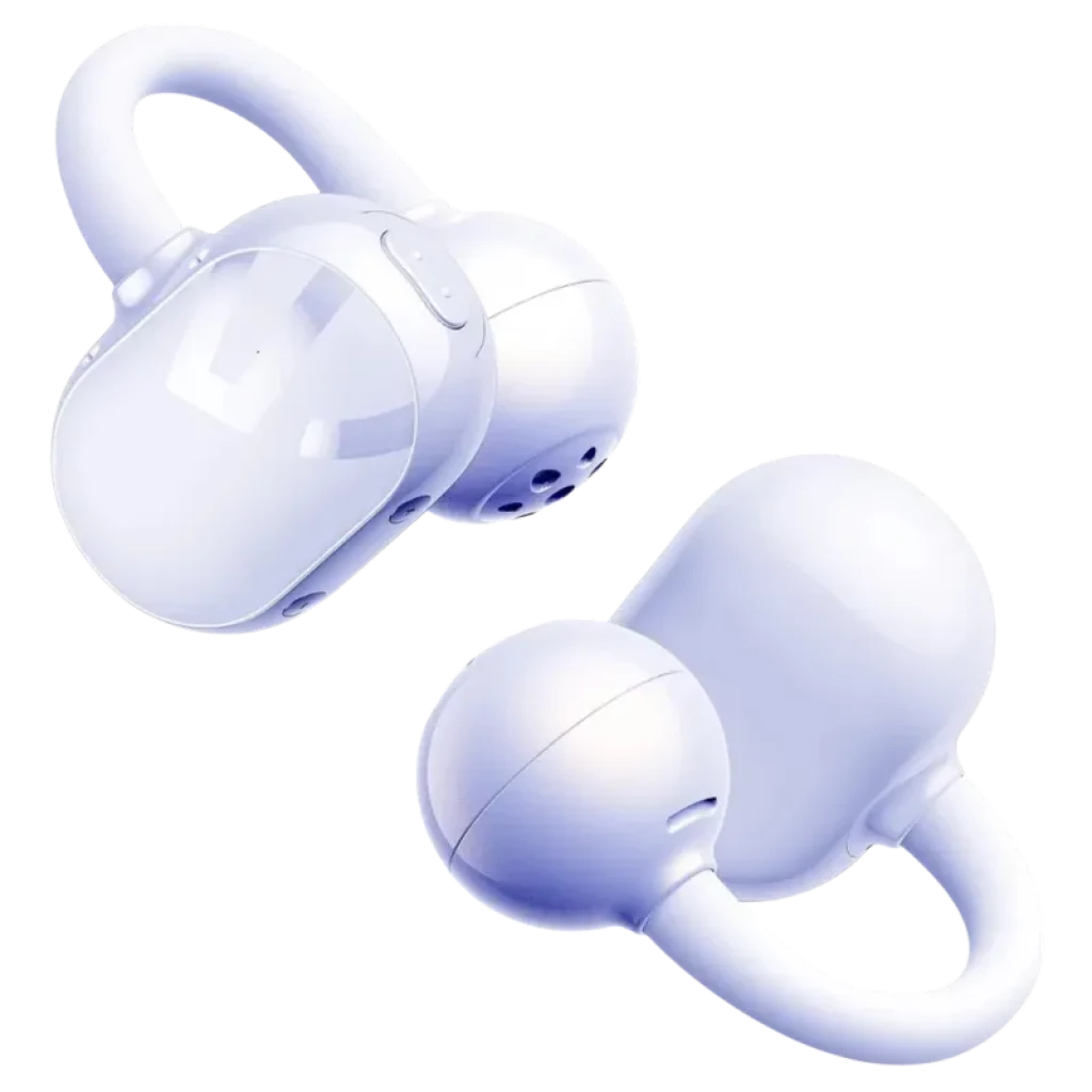 SoundPEATS POP Clip TWS Morado con diseño ovalado brillante, gancho curvo integrado, botones laterales y rejillas de micrófono; estilo compacto y moderno