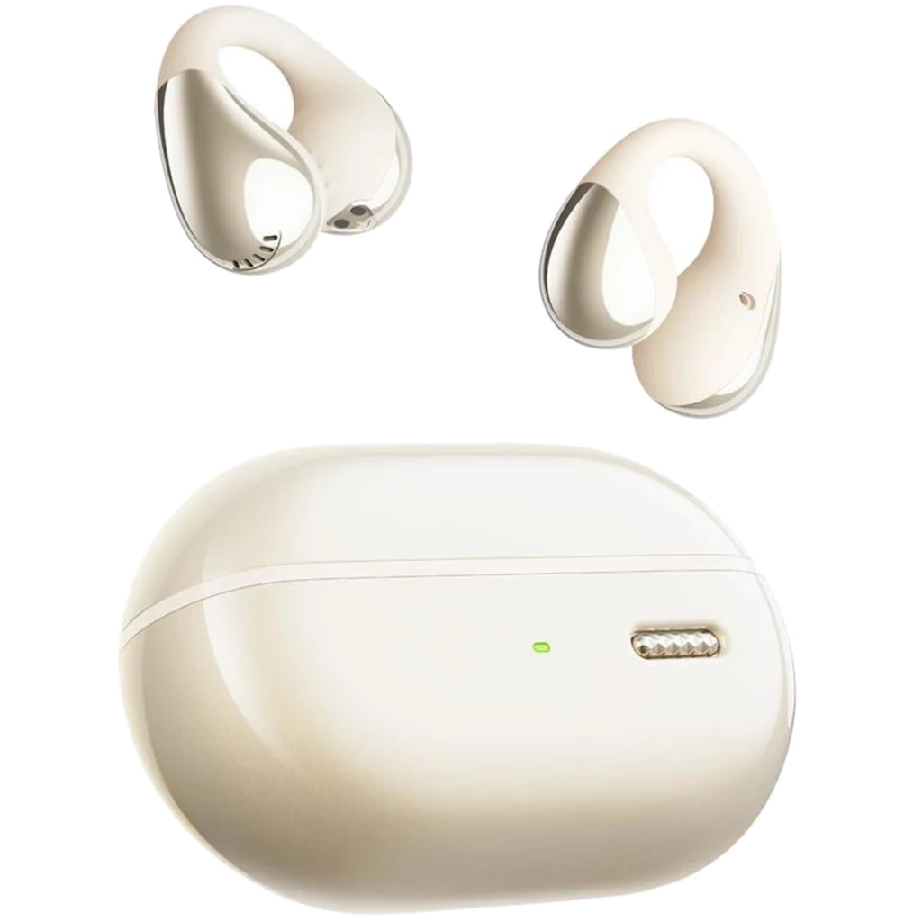 SoundPeats PearlClip Pro Hi-Res Audio LDAC Bege com design clip-on auricular, acabamento bege perolado, case oval com LED e detalhes metálicos