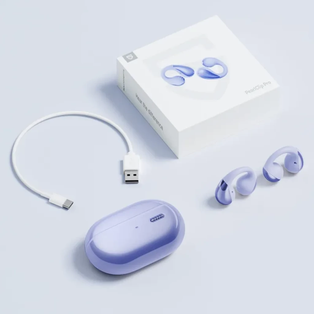 SoundPeats PearlClip Pro Hi-Res Audio LDAC Roxo com estojo lilás, ganchos auriculares roxos ergonômicos, cabo USB-C curto e caixa minimalista