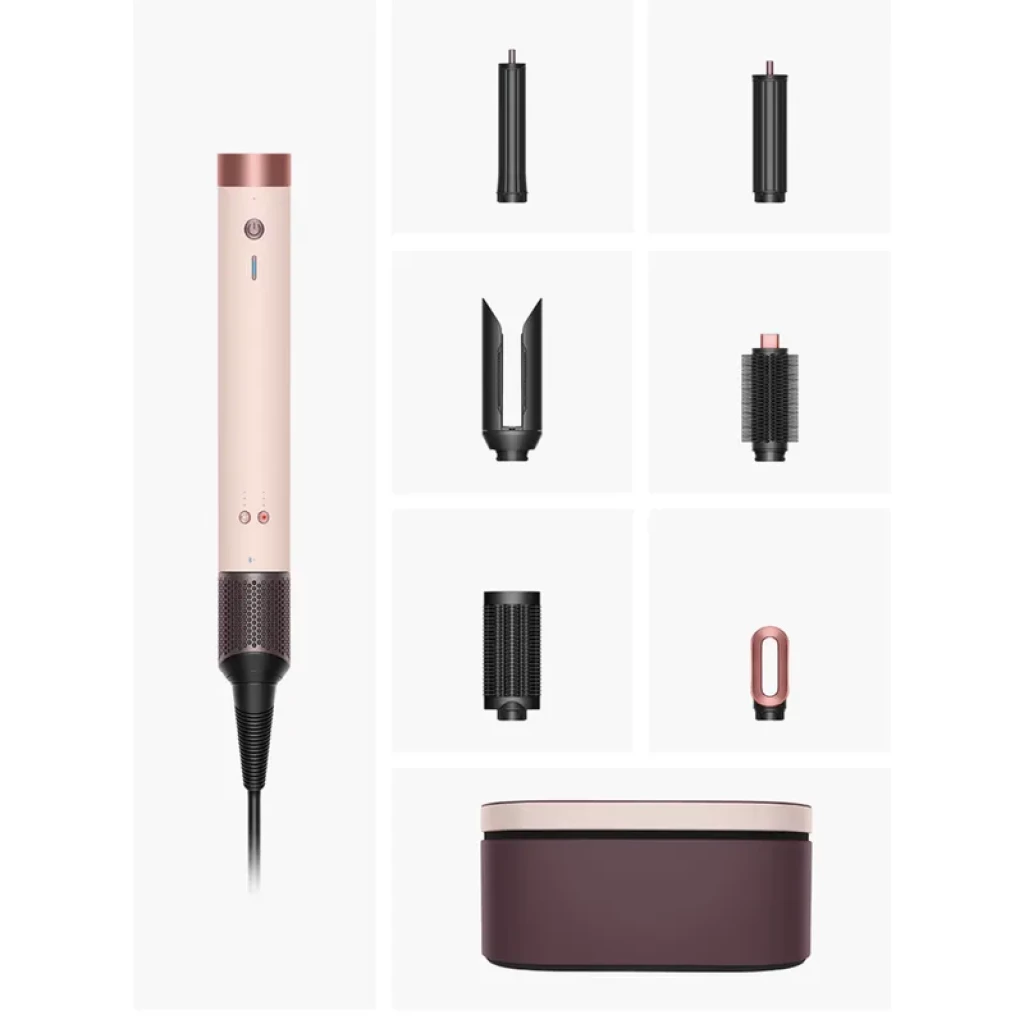 Dyson HS09 color Ceramic Pink Rose Gold con motor V9 y efecto Coanda, incluye mango principal, barriles, cepillos, boquilla alisadora y estuche burdeos