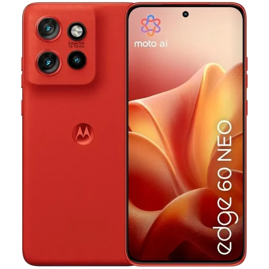 Motorola Edge 60 Neo 5G en rojo Poinciana, pantalla 6.36 pulgadas con orificio centrado, triple cámara trasera en módulo cuadrado y cuero vegano textured