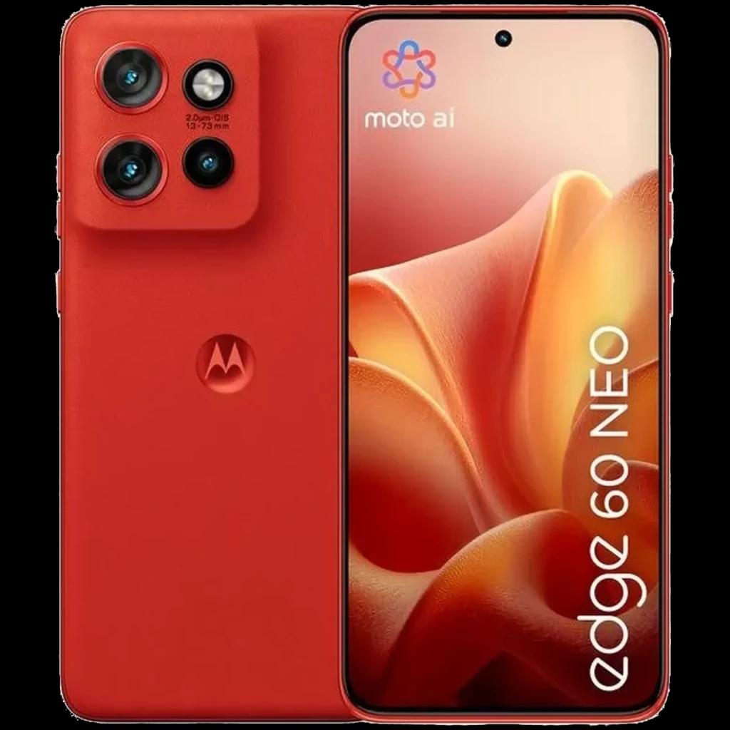 Motorola Edge 60 Neo 5G en rojo Poinciana, pantalla 6.36 pulgadas con orificio centrado, triple cámara trasera en módulo cuadrado y cuero vegano textured