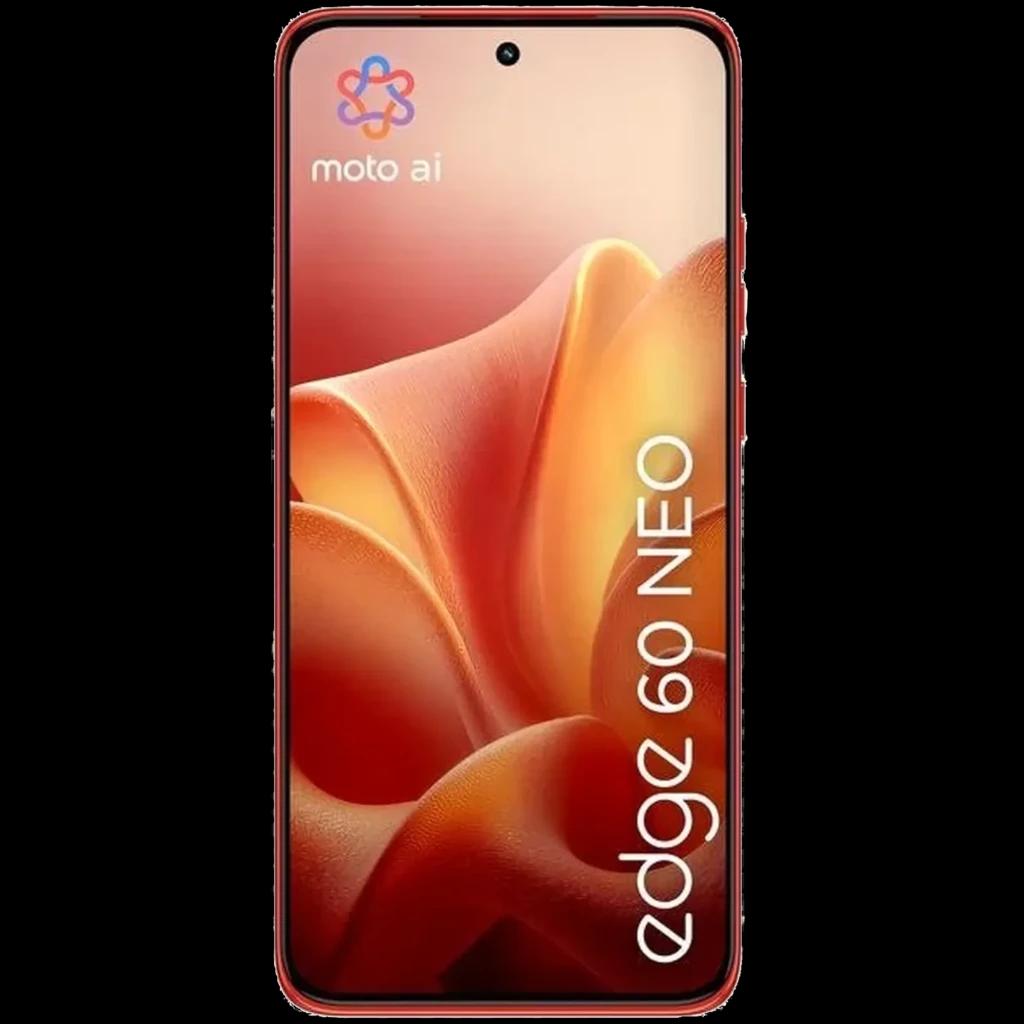 Smartphone Motorola Edge 60 Neo 5G color Poinciana con pantalla de 6.36 pulgadas, cámara frontal en orificio centrado y bordes delgados en rojo brillante