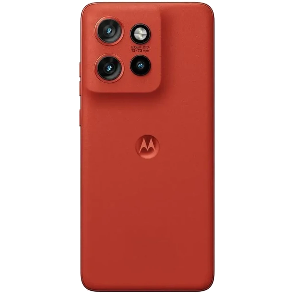 Smartphone Motorola Edge 60 Neo 5G color rojo Poinciana con tapa de textura mate y módulo trasero elevado con triple cámara y flash en esquina superior