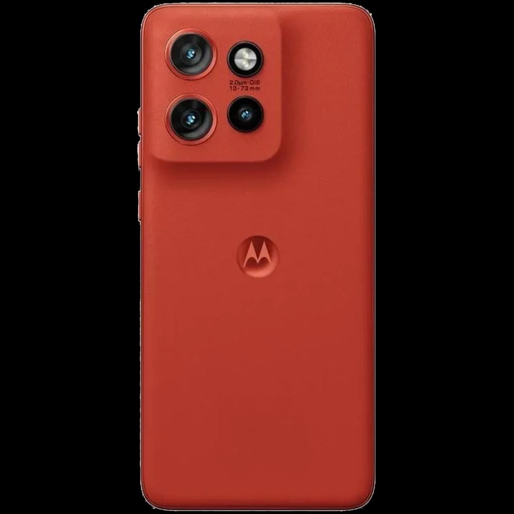Smartphone Motorola Edge 60 Neo 5G color rojo Poinciana con tapa de textura mate y módulo trasero elevado con triple cámara y flash en esquina superior