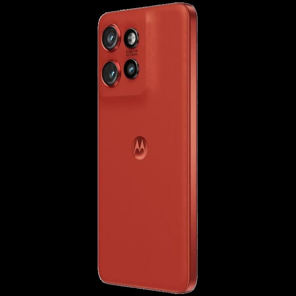 Motorola Edge 60 Neo 5G Poinciana en rojo mate con módulo de cámara triple elevado y bordes planos, logo M centrado en la trasera