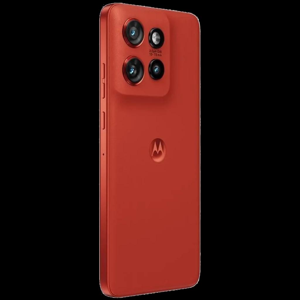 Motorola Edge 60 Neo 5G Poinciana en rojo mate con módulo de triple cámara trasera elevado y bordes curvos; diseño delgado y botones laterales