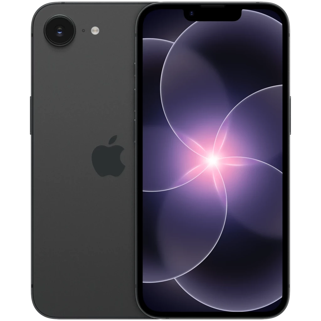 iPhone 17e 256GB negro con pantalla OLED sin marcos, notch superior, cámara trasera única con flash, acabado mate y logo de Apple centrado