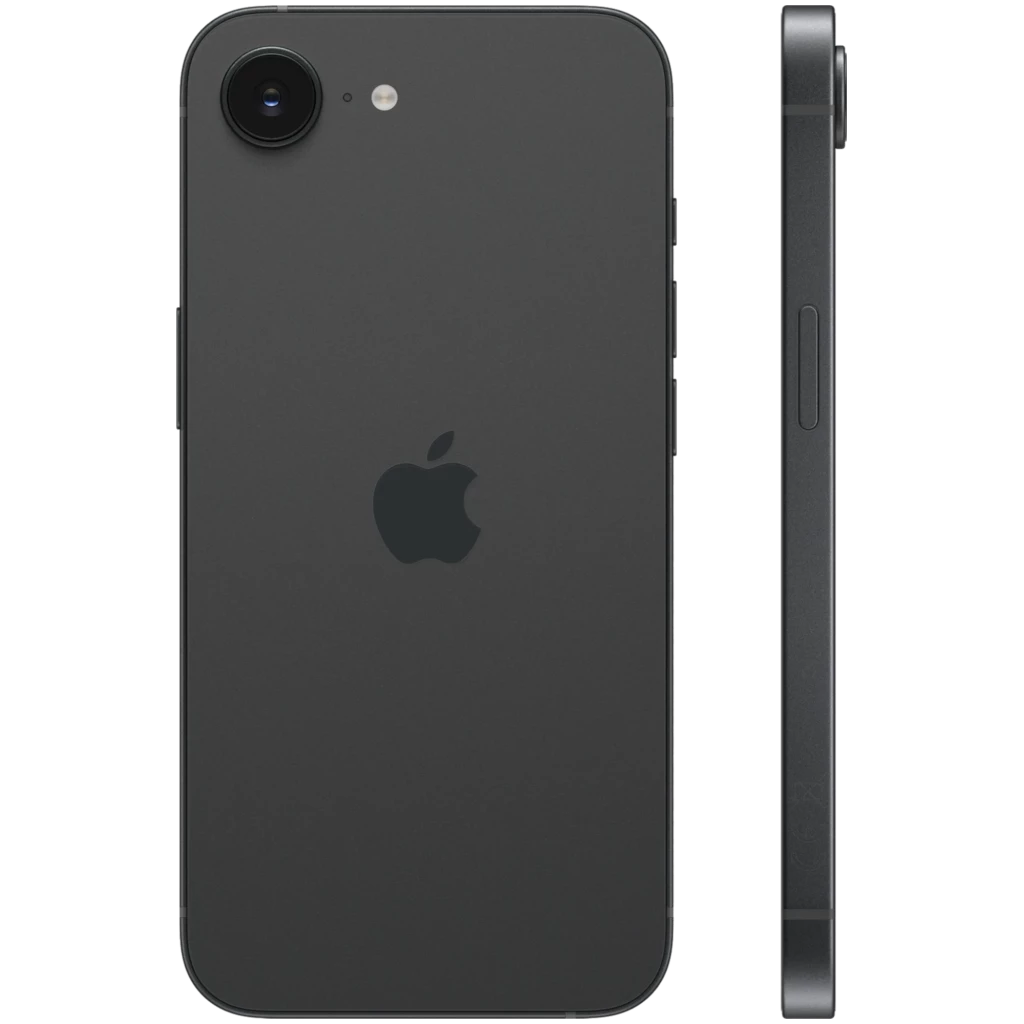 iPhone 17e negro con cuerpo de aluminio, bordes planos, cámara trasera única con flash, logo Apple centrado y perfil delgado con botones laterales