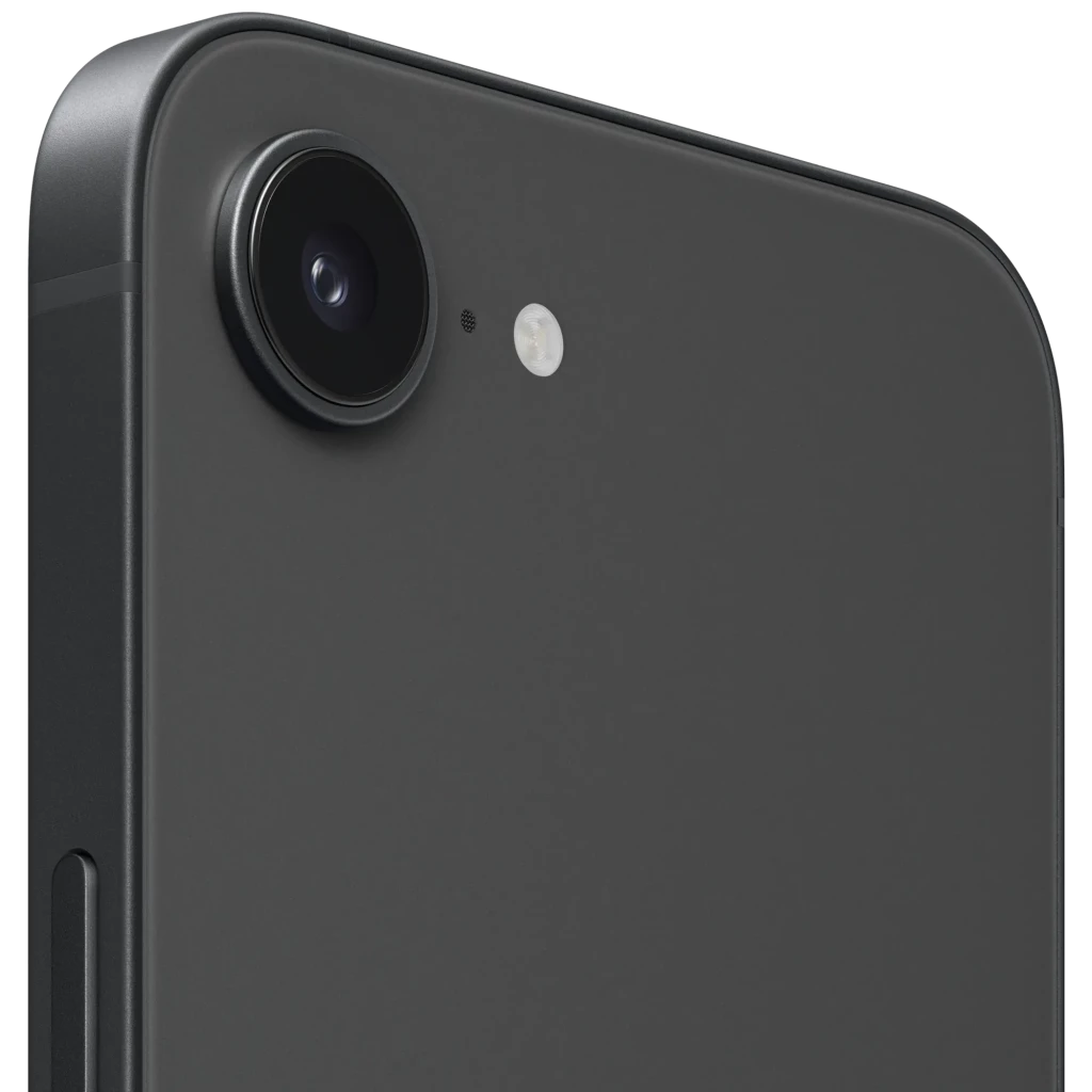 Detalle trasero del iPhone 17e negro 256GB con cámara única grande, flash LED y acabado mate; bordes rectos y botón lateral visible; pantalla OLED A19