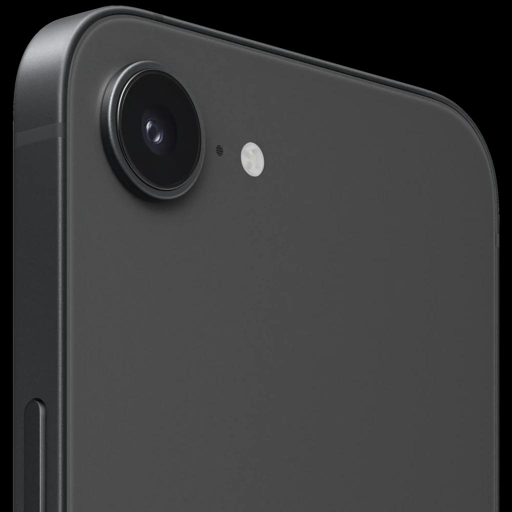Detalle trasero del iPhone 17e negro 256GB con cámara única grande, flash LED y acabado mate; bordes rectos y botón lateral visible; pantalla OLED A19
