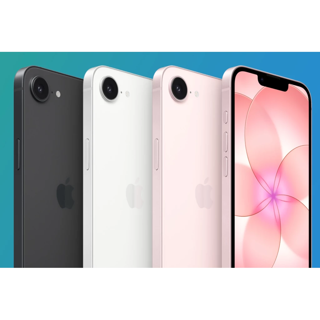 iPhone 17e 256GB Negro con pantalla OLED; tres unidades en negro, blanco y rosa, cámara trasera única con flash, bordes planos y notch frontal