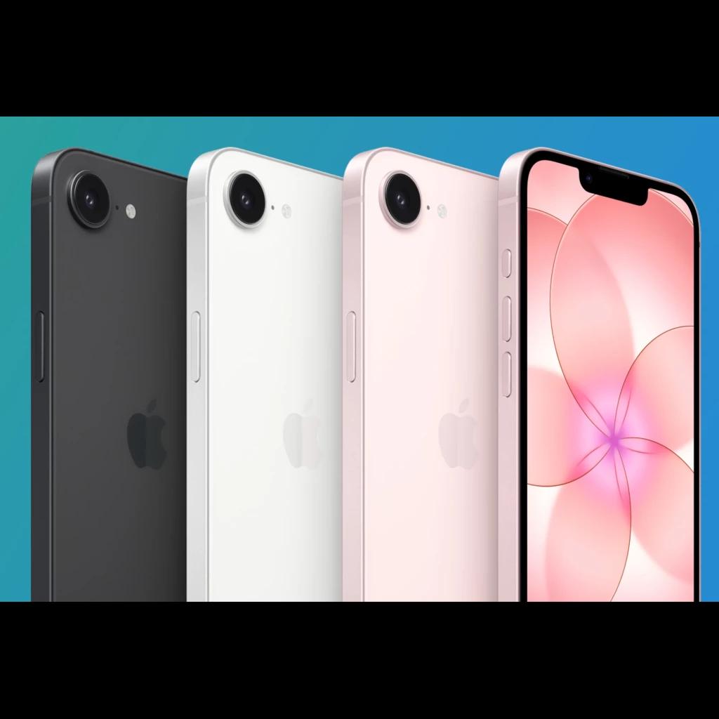 iPhone 17e 256GB Negro con pantalla OLED; tres unidades en negro, blanco y rosa, cámara trasera única con flash, bordes planos y notch frontal