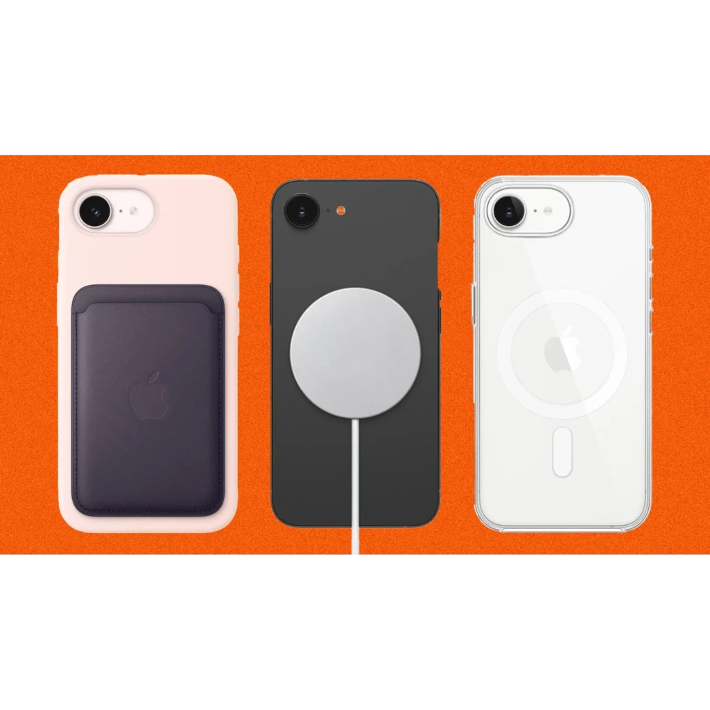 iPhone 17e 256GB negro con pantalla OLED, cámara trasera única, compatible con MagSafe; muestra fundas en rosa y transparente y cargador magnético circular