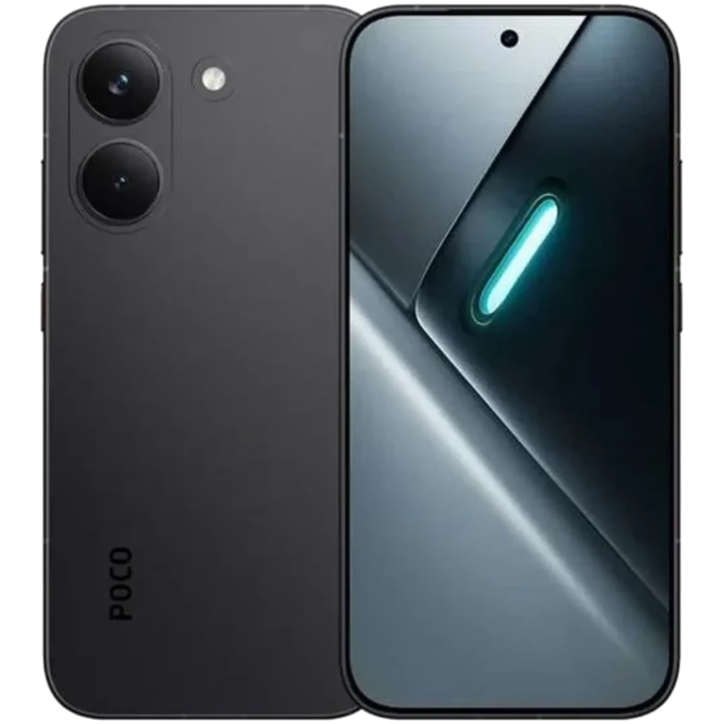 Xiaomi Poco X8 Pro 5G negro con pantalla perforada y brillo verde, doble cámara trasera grande con flash, acabado mate y logo POCO en la esquina