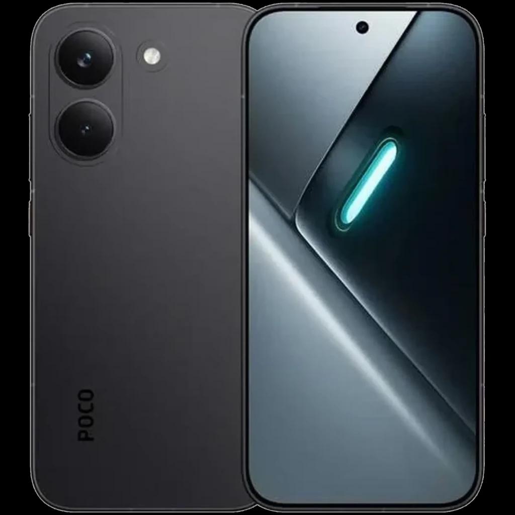 Xiaomi Poco X8 Pro 5G negro con pantalla perforada y brillo verde, doble cámara trasera grande con flash, acabado mate y logo POCO en la esquina