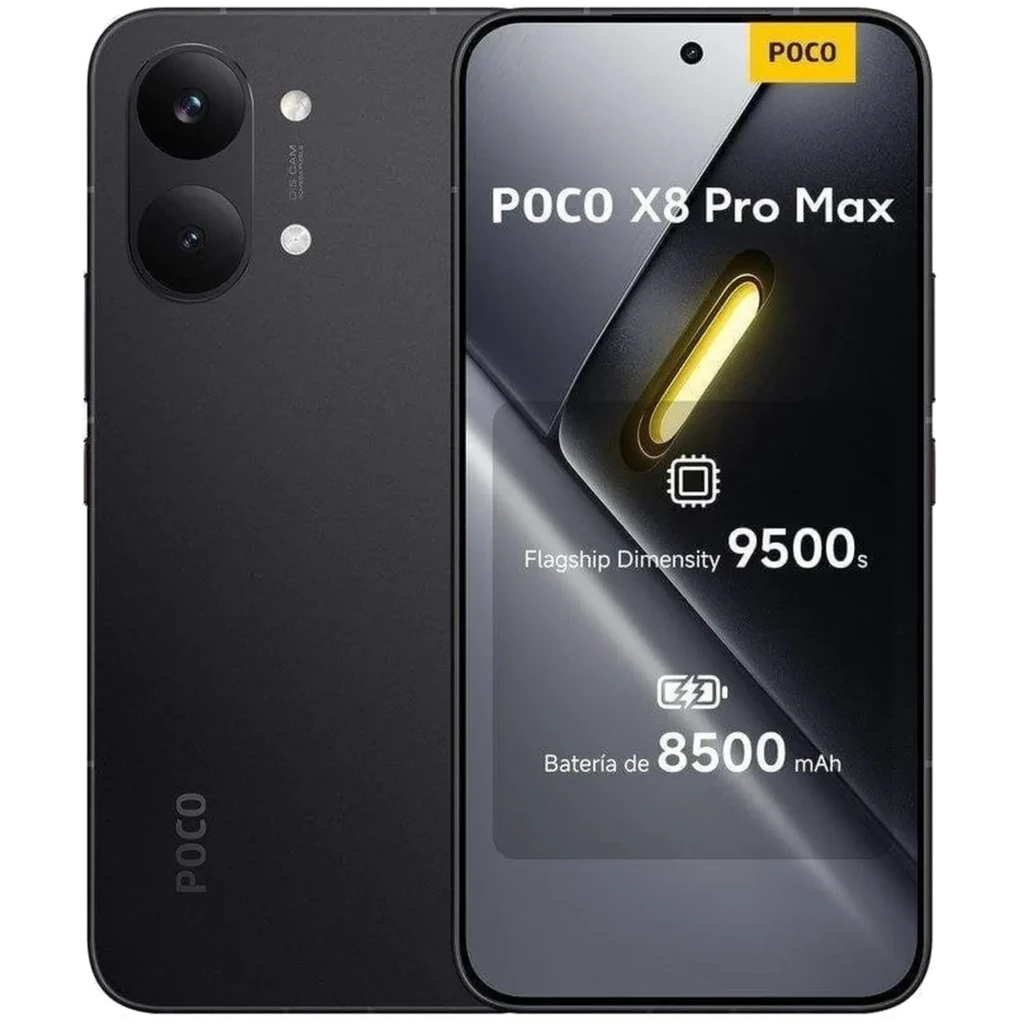 Xiaomi Poco X8 Pro Max 5G negro con pantalla Flow AMOLED 6.83, doble cámara trasera, selfie perforada centrada y batería 8500 mAh mostrada en pantalla