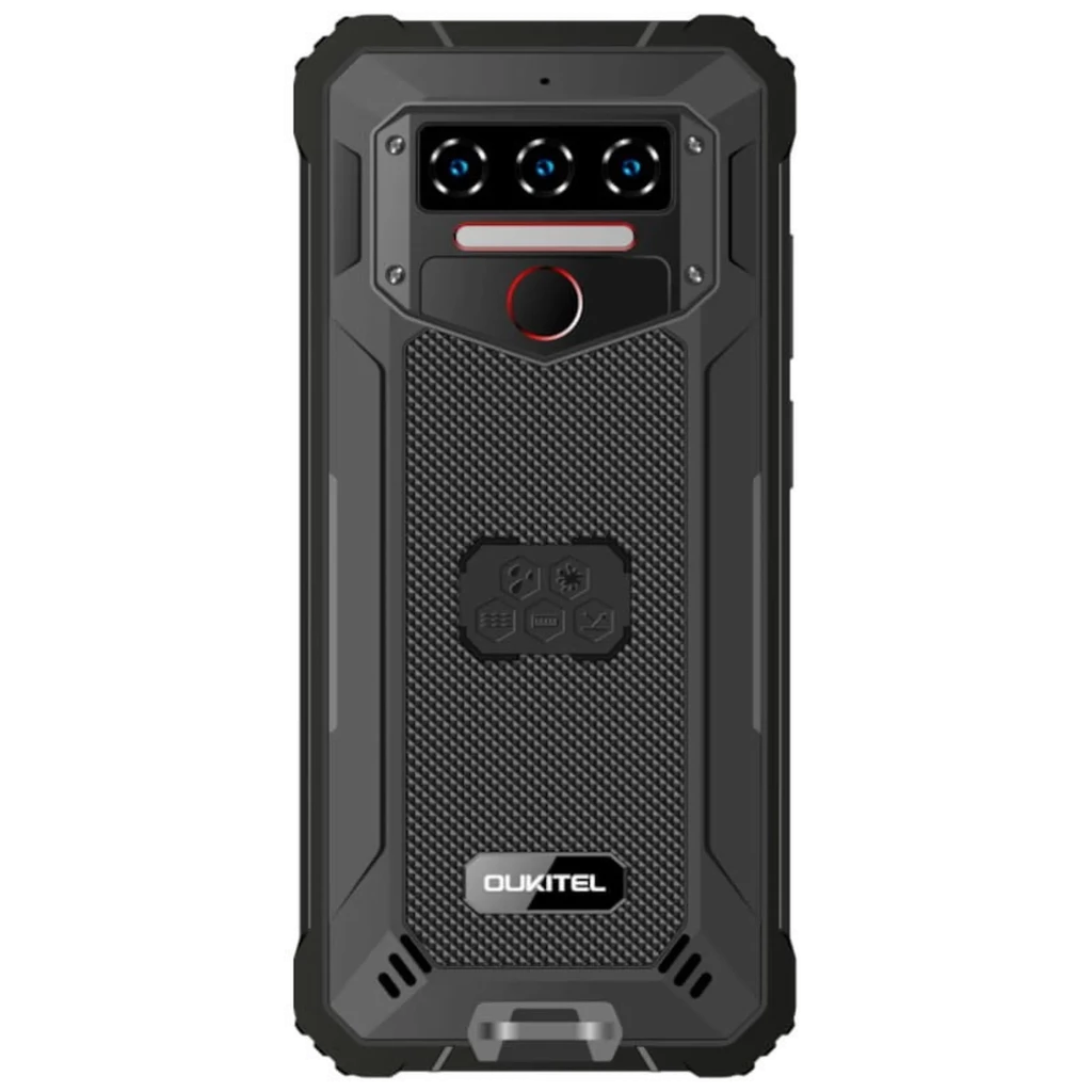 Oukitel WP23S negro resistente con carcasa robusta, triple cámara trasera y textura antideslizante; detalles metálicos y bordes reforzados para uso rudo