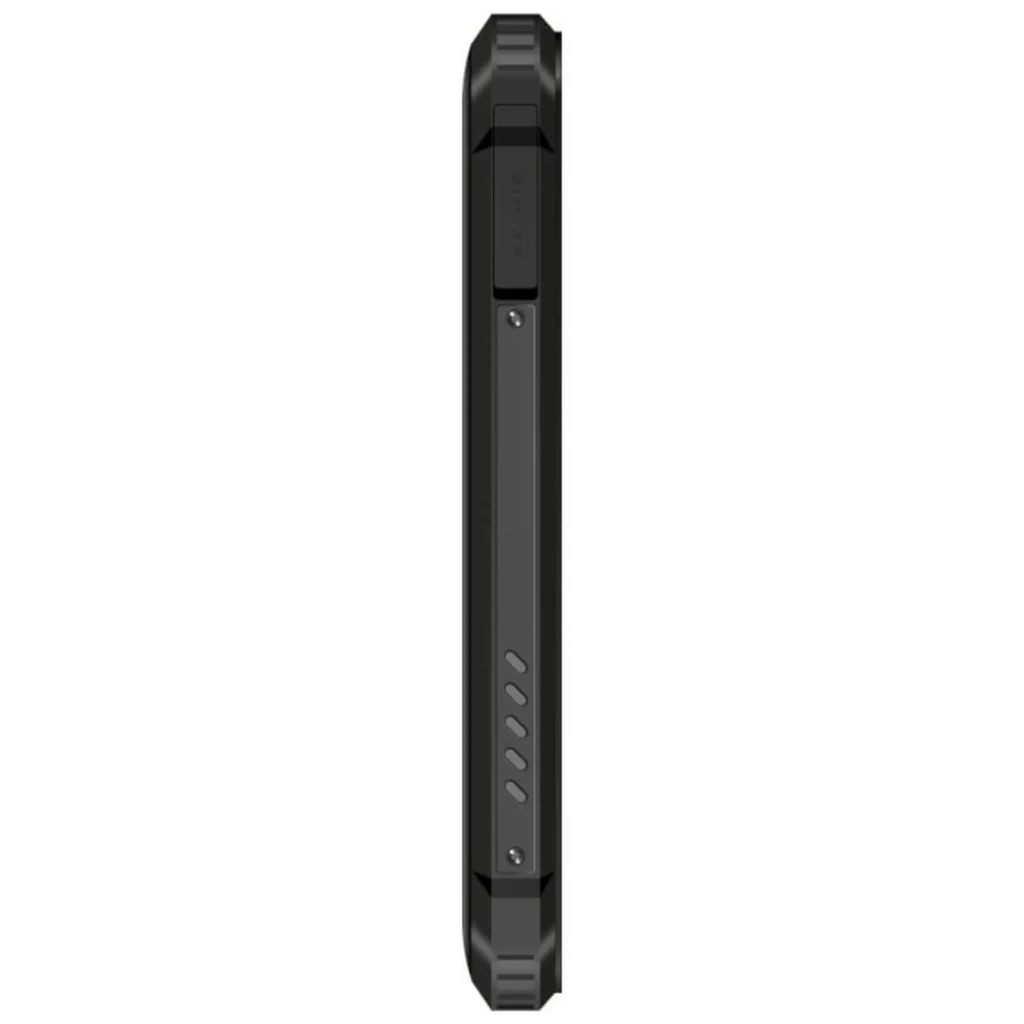 Lateral del Oukitel WP23S negro: cuerpo robusto antideslizante, bordes reforzados, tapas protectoras y diseño grueso para máxima resistencia