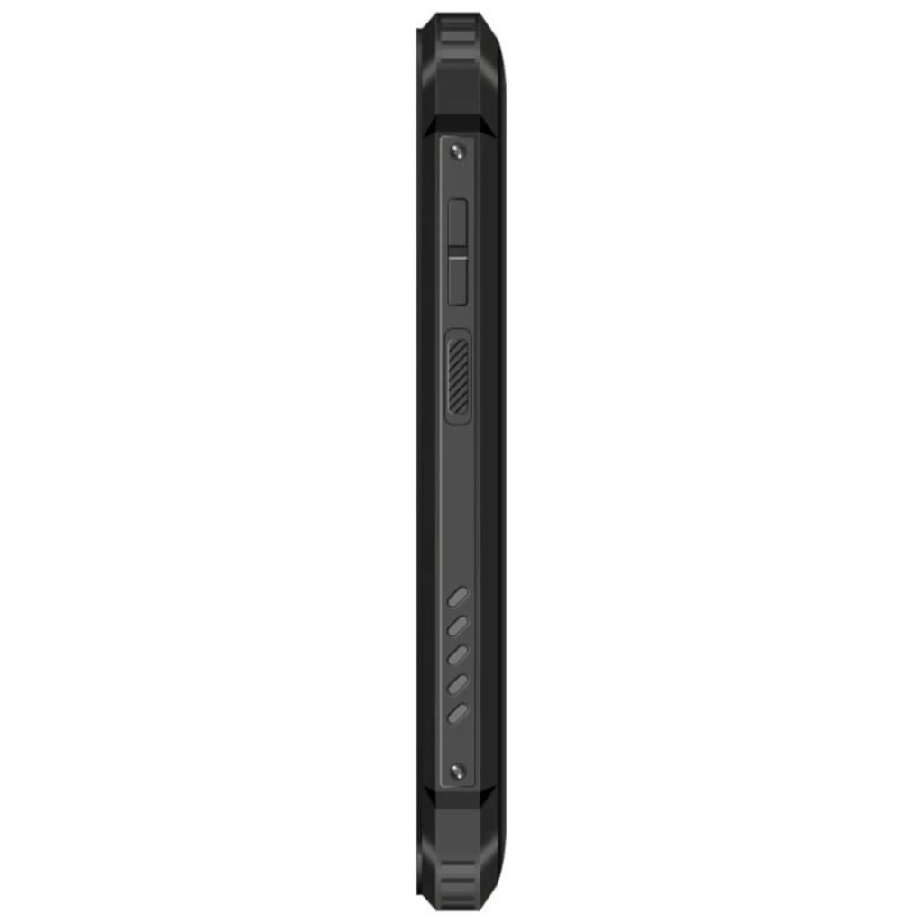 Lateral del Oukitel WP23S negro resistente, carcasa robusta con bordes reforzados, botones físicos texturizados y ranuras antideslizantes en el marco