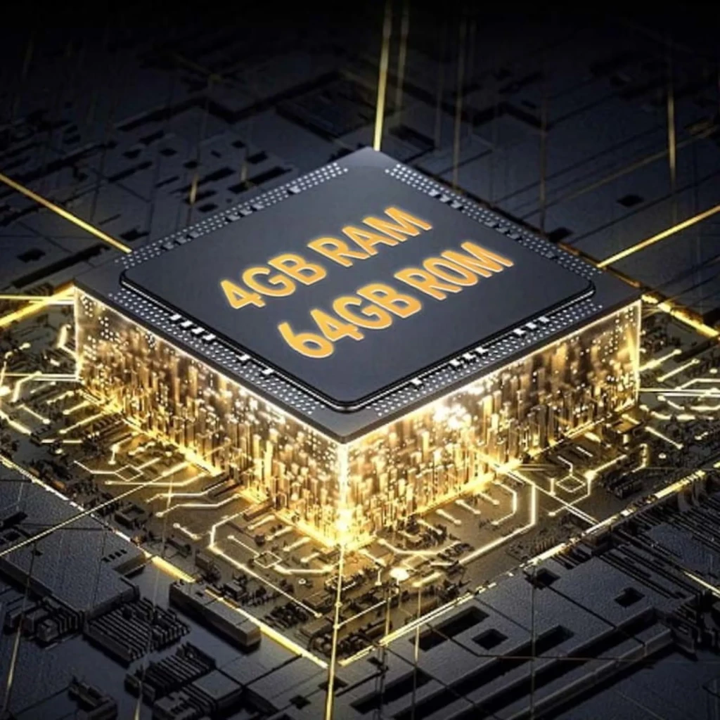 Chip destacado con texto 4GB RAM y 64GB ROM sobre placa electrónica iluminada en dorado, resaltando memoria y rendimiento del Oukitel WP23S 6.52 pulgadas negro