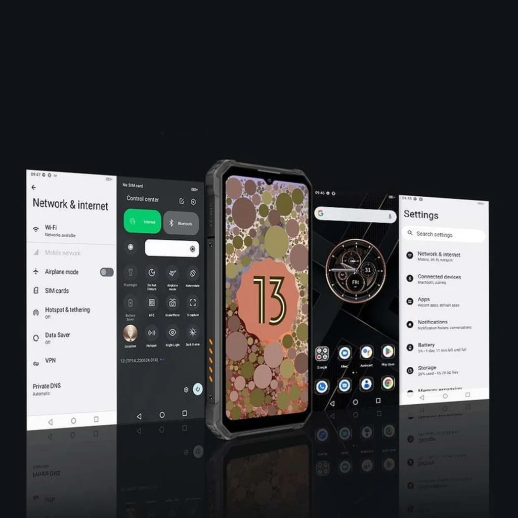 Oukitel WP23S negro rugerizado con pantalla 6.52, bordes reforzados, interfaz Android 13, botones laterales texturizados y conectividad y ajustes visibles en