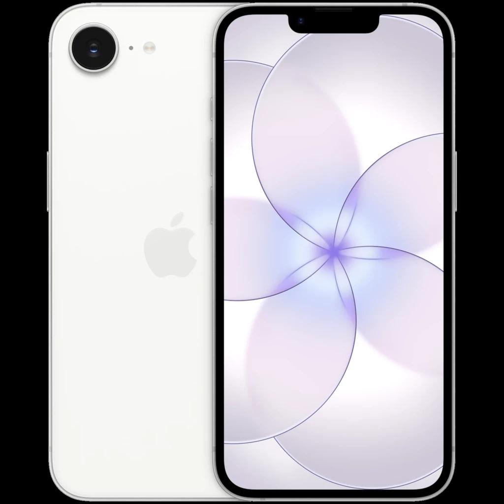 iPhone 17e 256GB blanco con pantalla Super Retina XDR y notch, cámara trasera de 48 Mpx con flash, bordes curvos y diseño minimalista en vidrio brillante